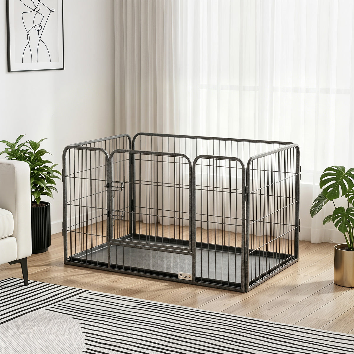 4 Panels Dog Playpen, Heavy Duty Dog Fence, 28" H Portable Pet Playpen with Door Double Locking Latches, Tray, Grey
