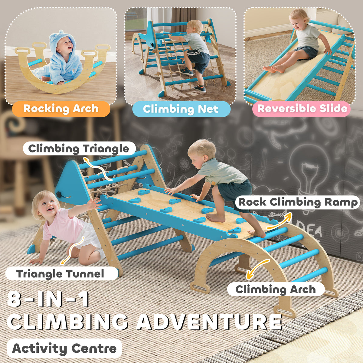 Qaba 8-in-1 Pikler Triangle Set, Foldable Wooden Climbing Toys with Arch, Ramp and Ladder for Ages 18-48 Mouths