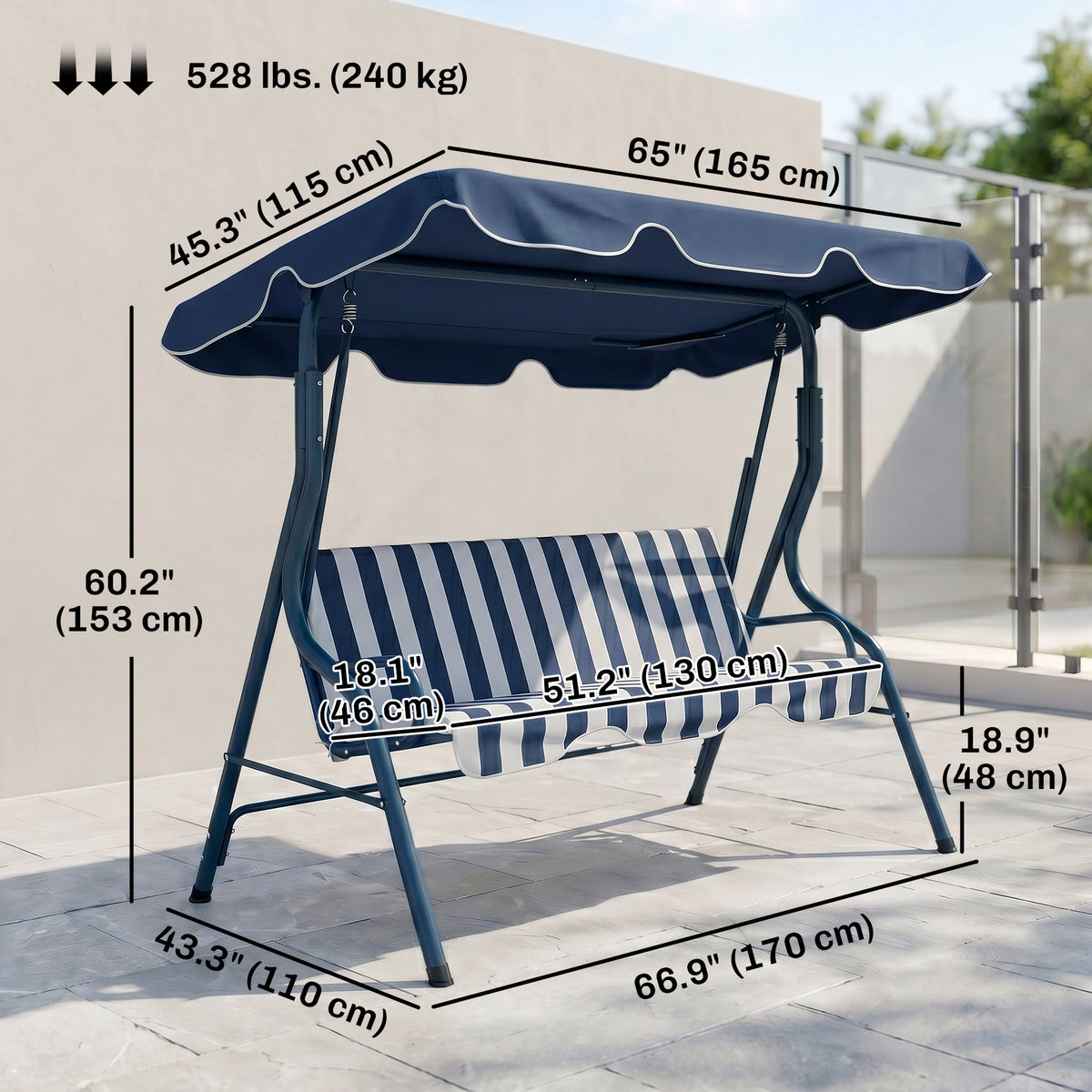 Outdoor Porch Swing with Adjustable Canopy, 3-Seater Patio Swing Chair with Cushion, Black – view 9