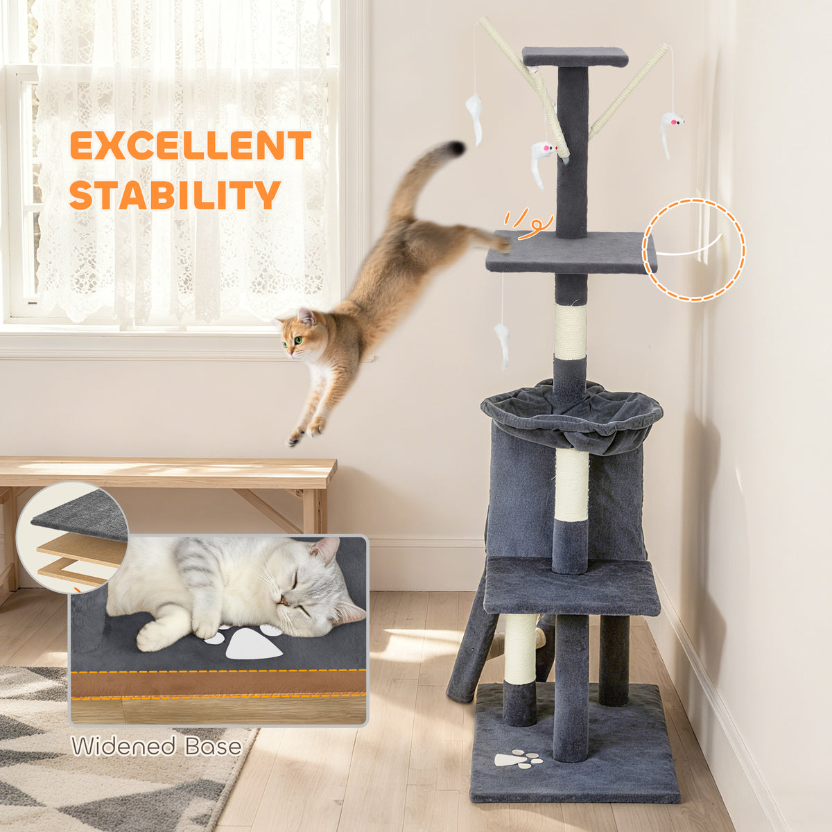 53" Cat Tree Tower, Kitten Activity Centre with Scratching Posts, Condo, Perches, Ladder, Hammock – view 19