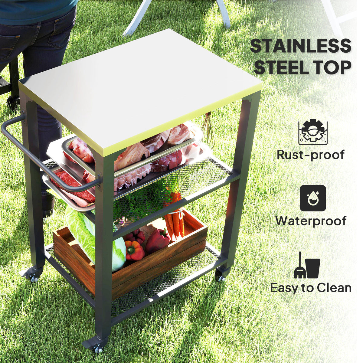 3-Shelf Outdoor Grill Cart Table with Side Handle, Stainless Steel Pizza Oven Stand on Wheels, Black – view 17