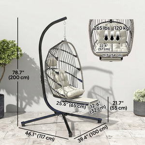 Outdoor Hanging Egg Chair with Retractable Footrest Swing Chair with Metal Stand Light Grey
