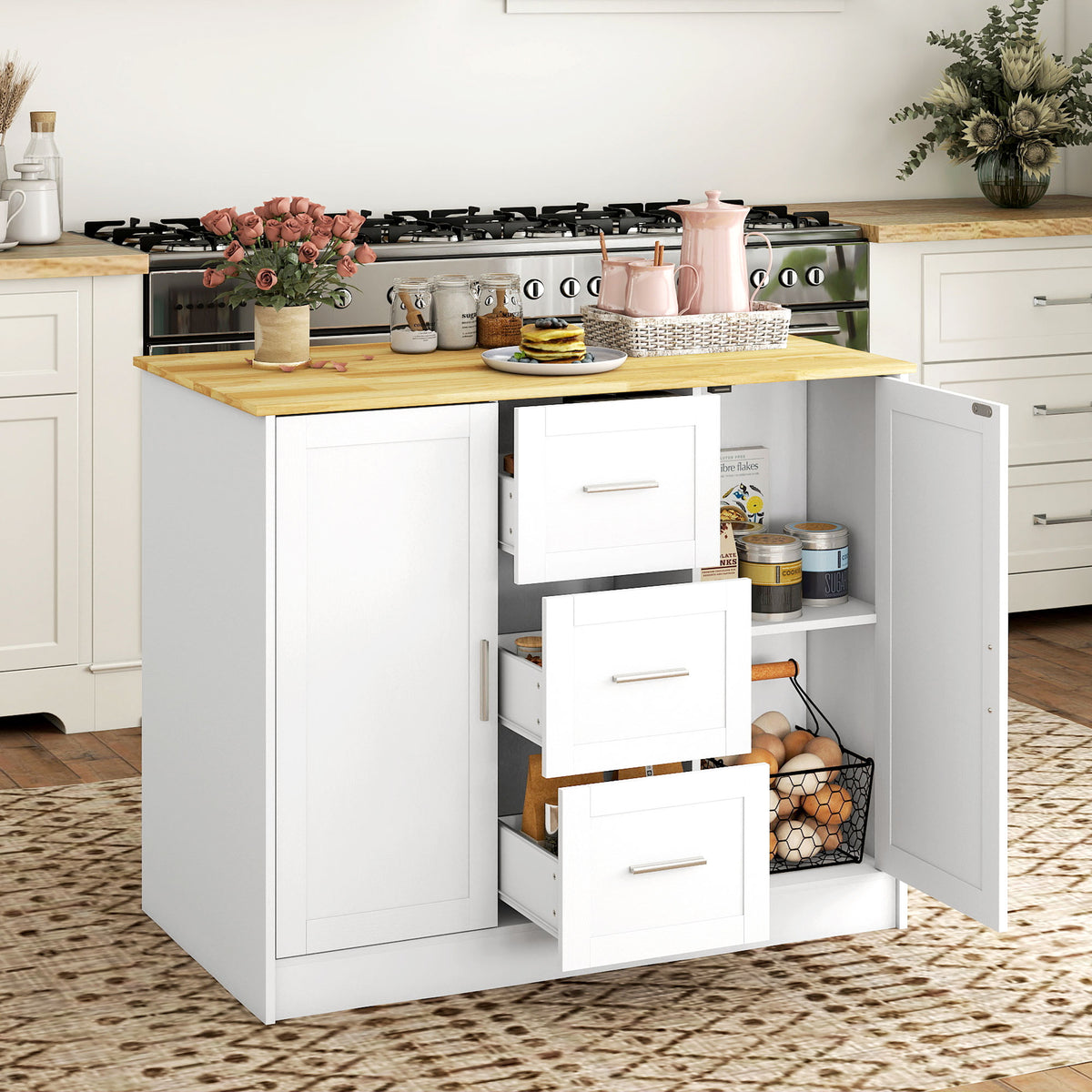 Kitchen Island with Storage Cabinets, 3 Drawers, 2 Adjustable Shelves and Sitting Space for Dining Room, White