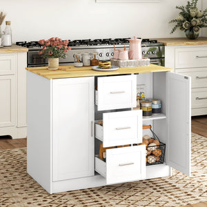 Kitchen Island with Storage Cabinets, 3 Drawers, 2 Adjustable Shelves and Sitting Space for Dining Room, White