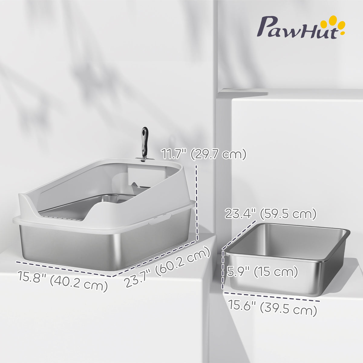 Cat Litter Box Stainless Steel with Metal Litter Scoop, Never Absorbs Odors, Anti Leakage, 17" x 13" x 10" – view 9