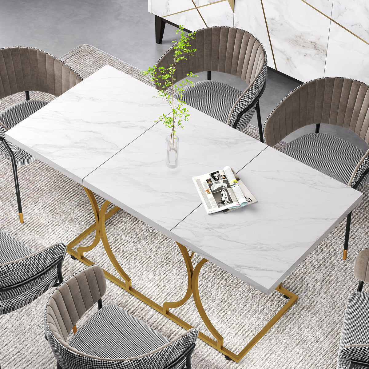 59-Inch Dining Table for 6, Modern Marble-Pattern Kitchen Dinner Table with Metal Pedestal for Home, Dining Room, White