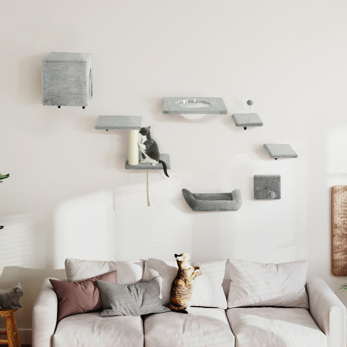 Cat Wall Shelves Set of 7, Shelves and Perches with House, Sisal Post Ladder, Bed & Ball, Grey