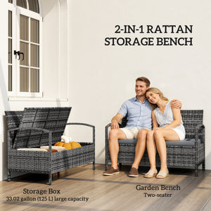 33 Gallon Outdoor Storage Bench, Wicker Deck Box Patio Bench Seat with Cushion, Grey