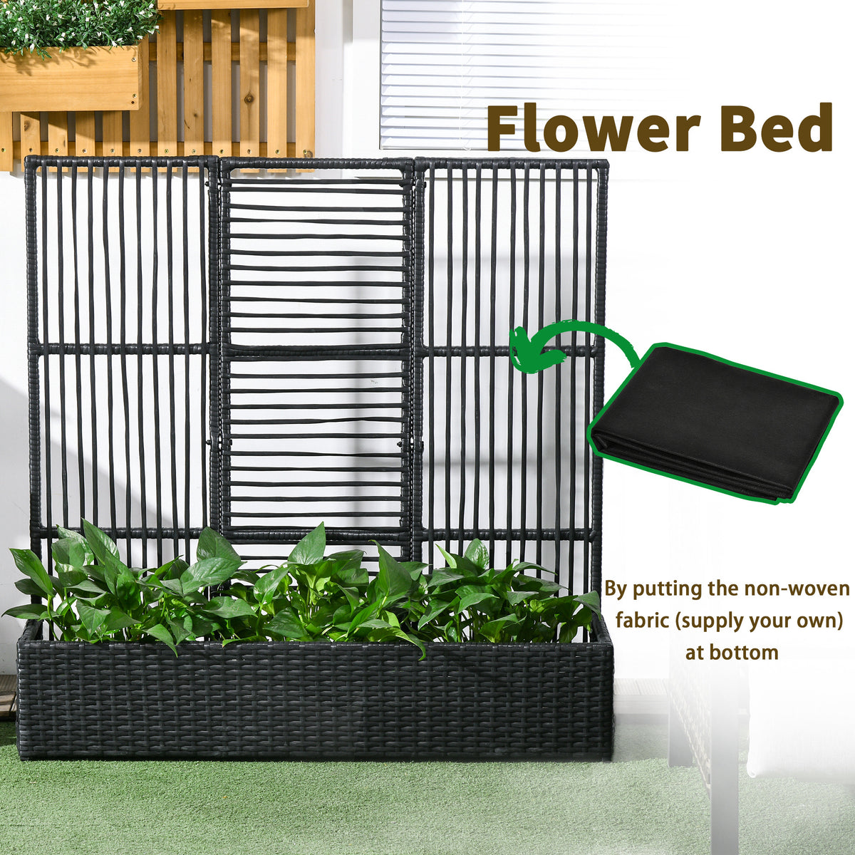 Raised Garden Bed with Lattice Trellis, Rattan Outdoor Planter with Storage for Garden, Patio, Balcony – view 6