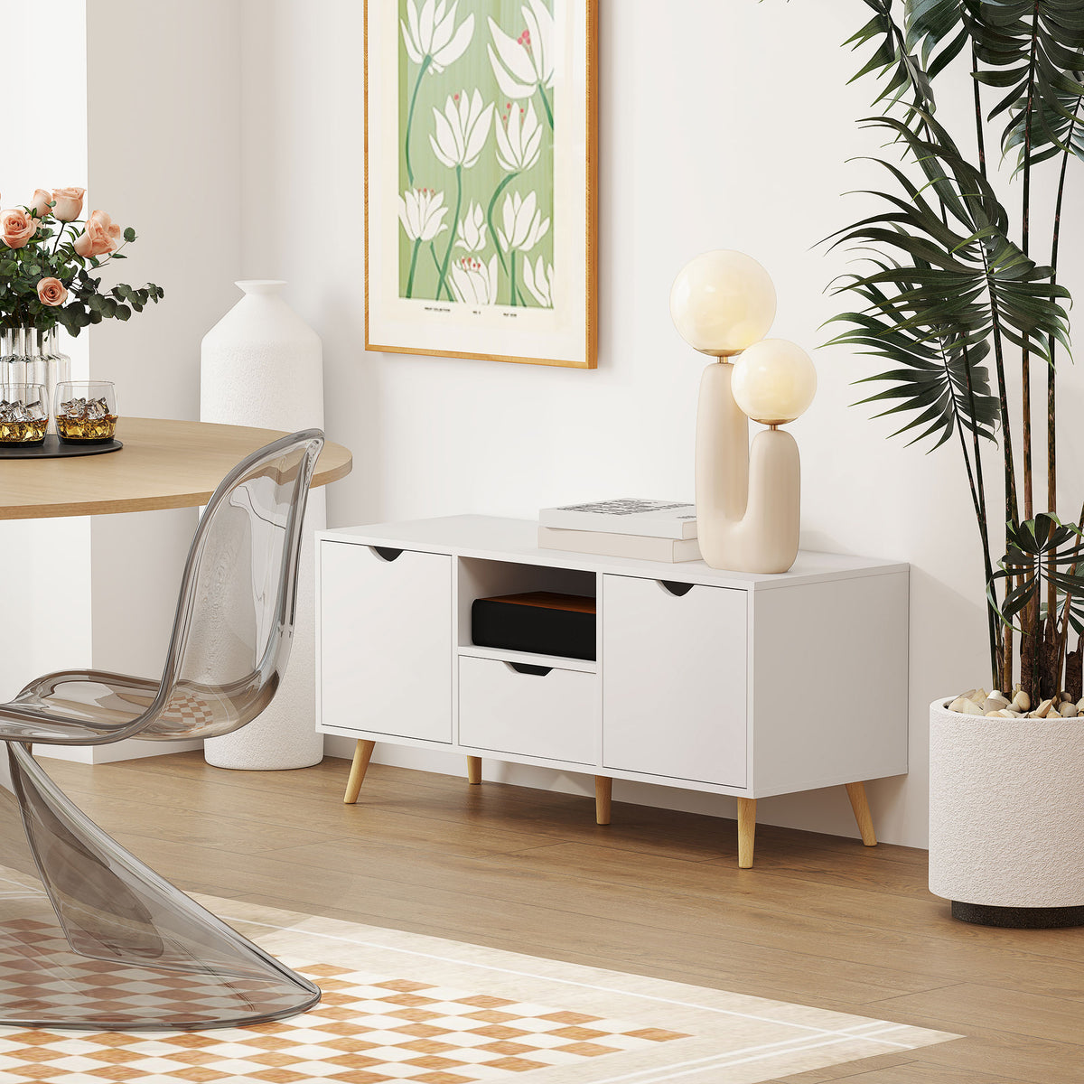 TV Stand with Storage for up to 50" TV, Modern TV Table with Open Shelf, Drawer and 2 Cabinets, White