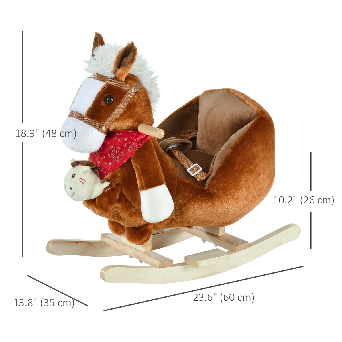 Qaba Baby Rocking Horse, Plush Animal Rocker for Toddlers Aged 18-36 Months, Stuffed Ride Toy with Hand Puppet, Sounds, Seat Belt, Brown