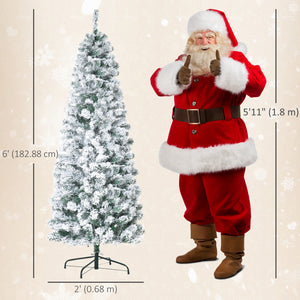 6ft Prelit Artificial Pencil Christmas Tree, Snow Flocked Slim Xmas Tree with Warm White LED Lights - Green – view 4