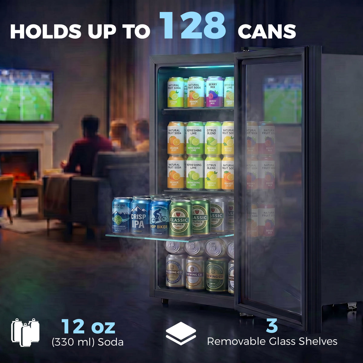 3.2 Cu.Ft Beverage Fridge, 128 Can Drink Fridge with Glass Door, Auto-Defrost and LED Light for Soda, Beer, Black