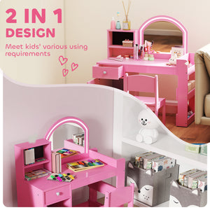 Qaba Kids Vanity Set, Toddler Dressing Table and Chair Set  with Lighted Mirror, Cabinet, Drawer and Shelves
