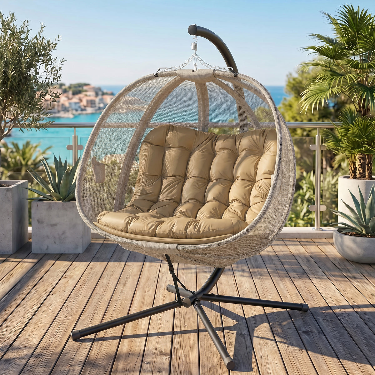 Double Egg Chair with Stand, 2 Person Hanging Swing Egg Chair with Cushion, Pockets, Khaki