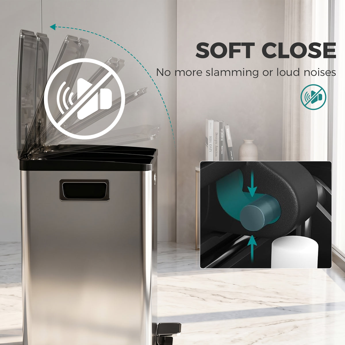 Garbage Bin, Soft-Close Trash Can with Foot Pedal, 2x5 Gal (2x20 L) Garbage Can with Removable Inner Buckets, Silver