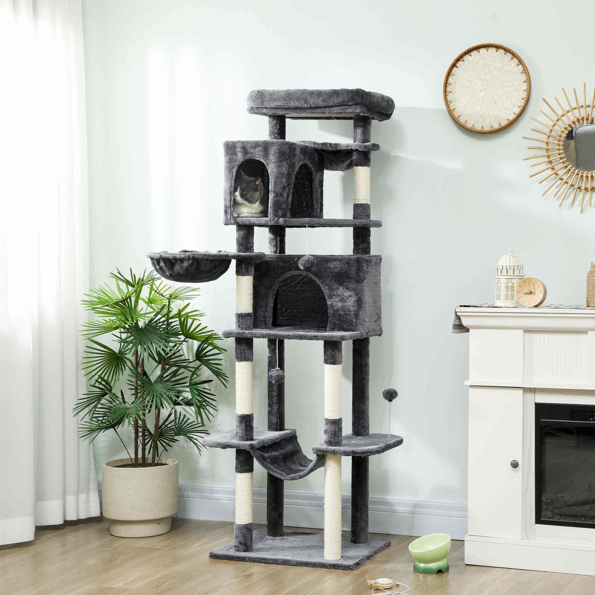 69" Cat Tree, Multi-Level Cat Tower with 2 Condos, Plush Perch and Sisal Scratching Posts, Dark Grey – view 7