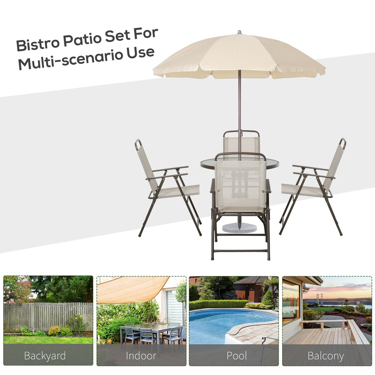 6 Pieces Outdoor Dining Set for 4 with Umbrella Patio Outdoor Furniture Set with Round Table 4 Folding Chairs Cream