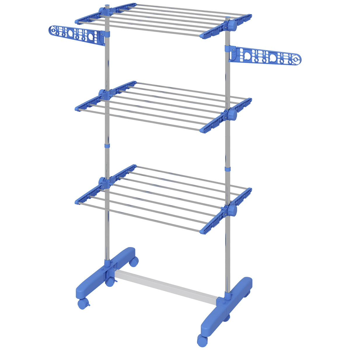 3-Tier Foldable Clothes Drying Rack, Stainless Steel Laundry Rack with 2 Side Wings and 6 Castors