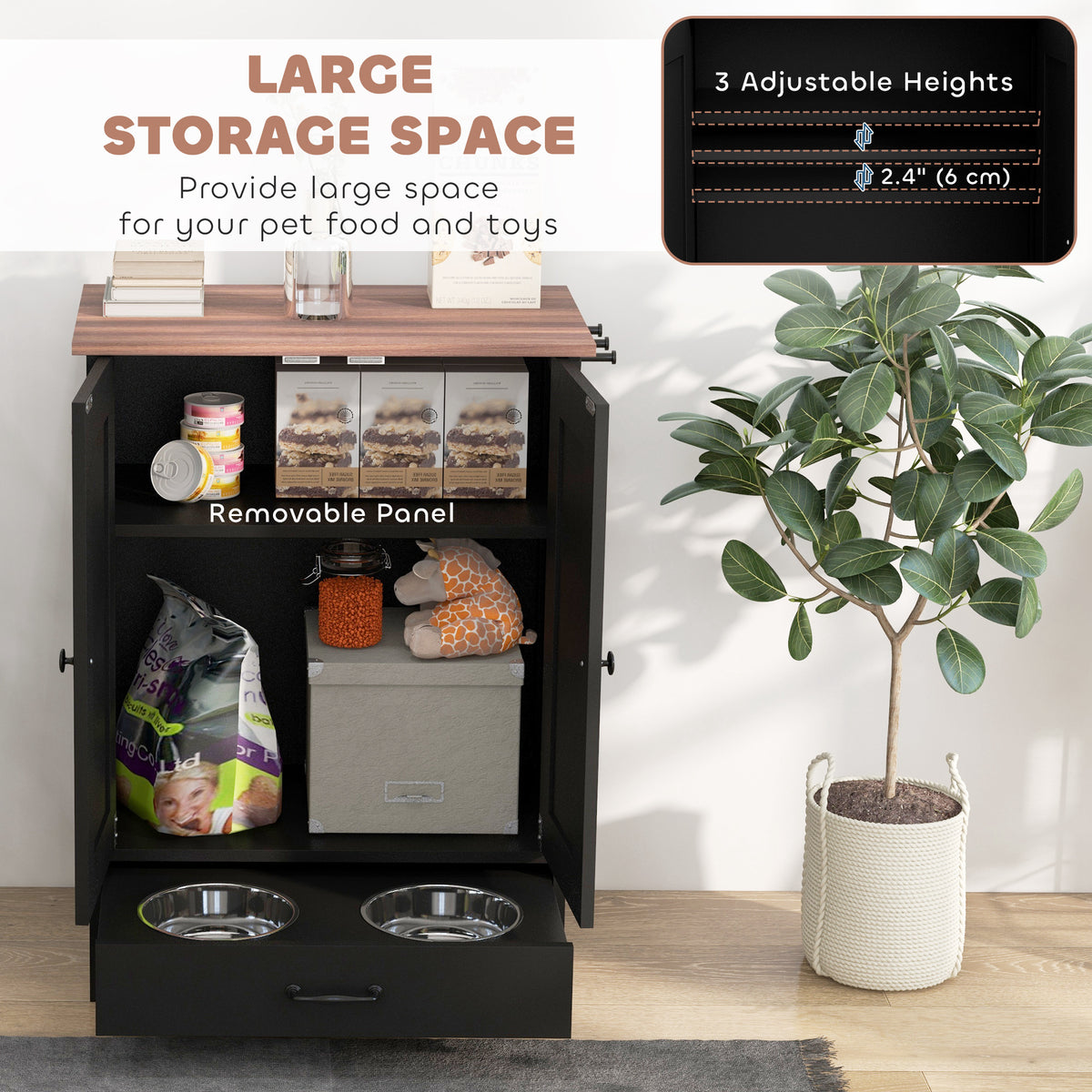 Pet Food Storage Container Dog Feeding Station w/ Adjustable Panel, Hooks, for Medium Sized Dogs, Black – view 4
