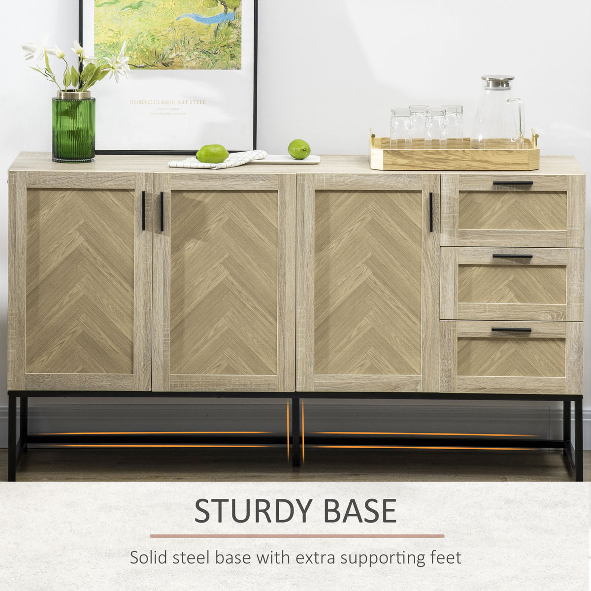 Buffet Cabinet, Coffee Bar Cabinet with Drawers and Adjustable Shelves, Oak