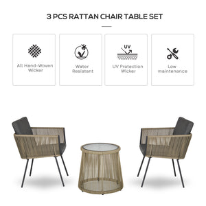 3 Pieces Wicker Patio Furniture Set, Rattan Bistro Set with Coffee Table and Cushions, Outdoor Conversation Set for Garden, Porch, Balcony, Grey