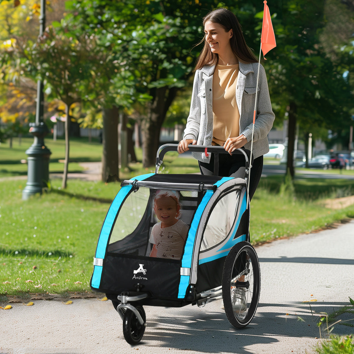 Aosom 3-in-1 Bike Trailer for Kids, Running Stroller with 2 Seats, Jogging Cart with 5-Point Harness, Storage Units