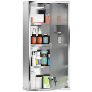 Wall Mount Medicine Cabinet, Bathroom Cabinet with 3 Tier Shelves, Stainless Steel Frame and Glass Door, Lockable with 2 Keys, Silver, 12" x 23.5"