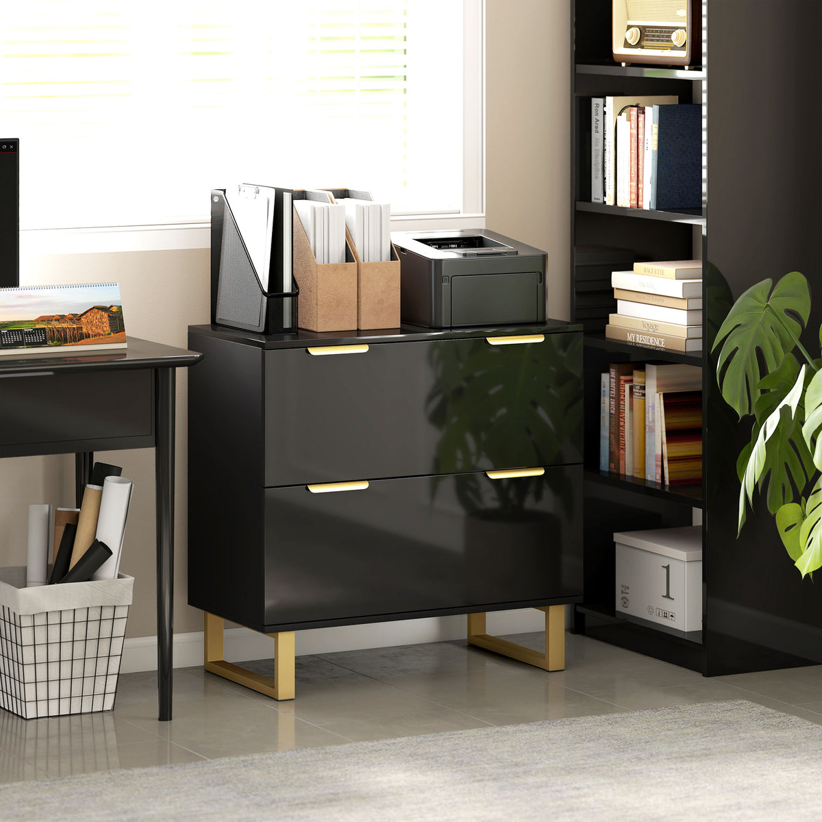 Lateral File Cabinet with 2 Drawers, Modern Filing Cabinet for Letter/A4/Legal Size Files, High Gloss Black – view 7