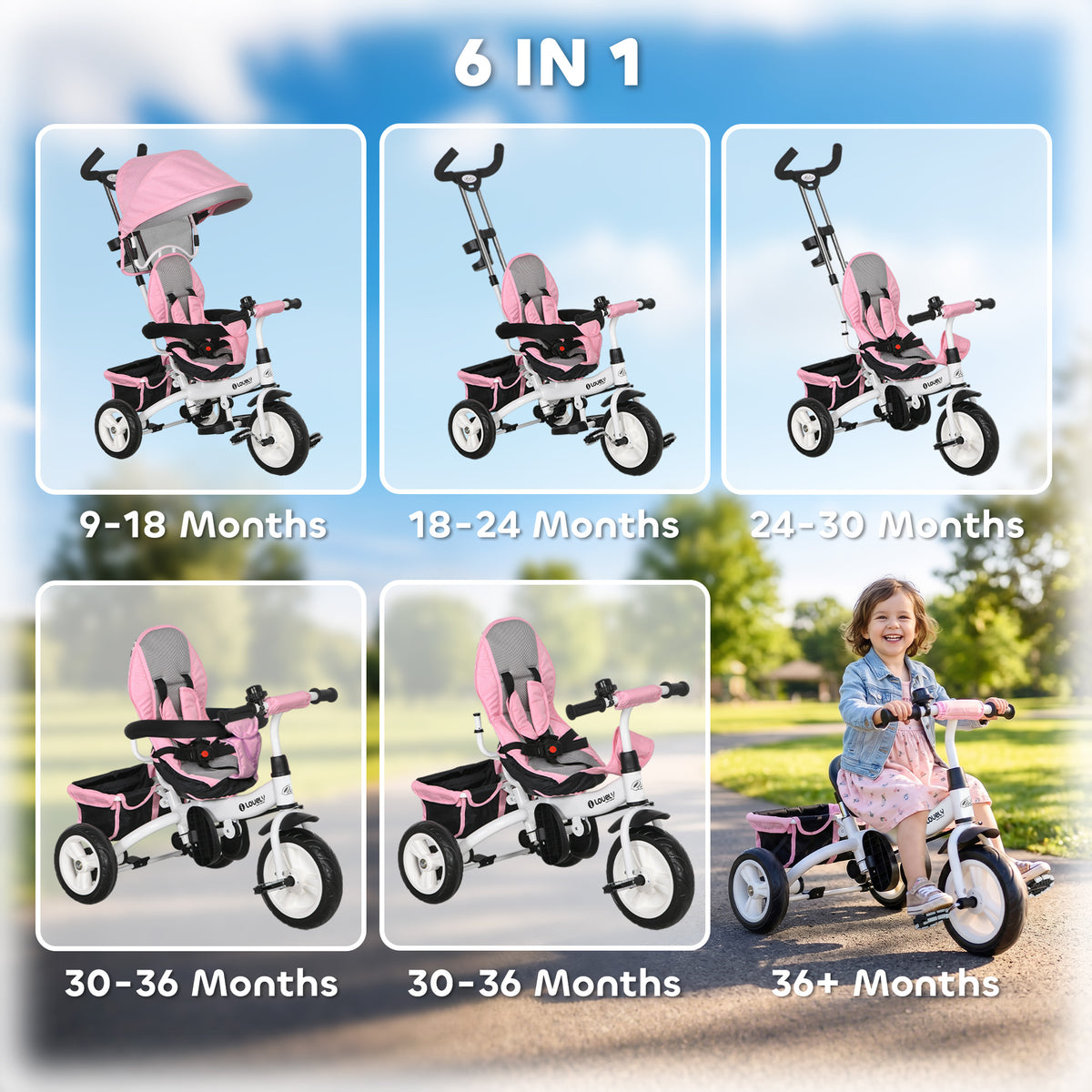 Qaba 6 in 1 Toddler Tricycle Stroller with Basket, Canopy, 5-point Safety Harness, for 12-60 Months