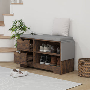 Upholstered Shoe Storage Bench w/ Seat, Entrance Bench w/ Drawer Open Shelves and Pocket for Hallway, White – view 20