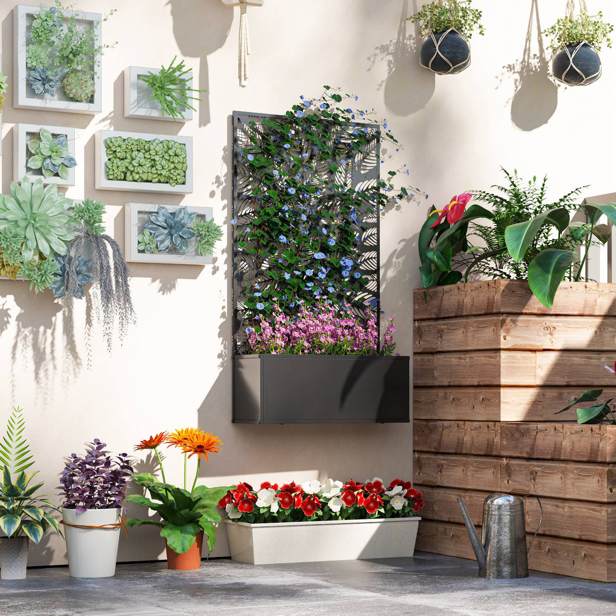 Metal Raised Garden Bed with Privacy Panel, Freestanding or Wall Mounted Outdoor Planter Box for Garden, Patio