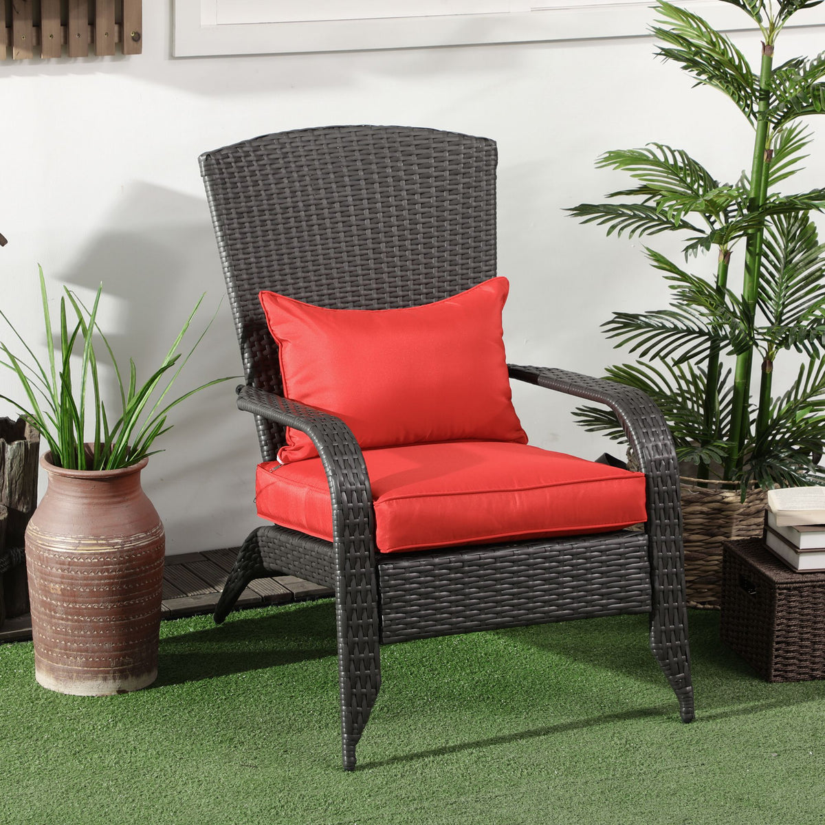 Patio Wicker Adirondack Chair, Outdoor Rattan Muskoka Chair with Cushions for Patio, Garden, Backyard, Cream