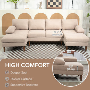 U Shape Couch with Double Chaise Lounge, Modern 4 Seater Sofa with Wooden Legs, Fabric Sofa for Living Room, Beige