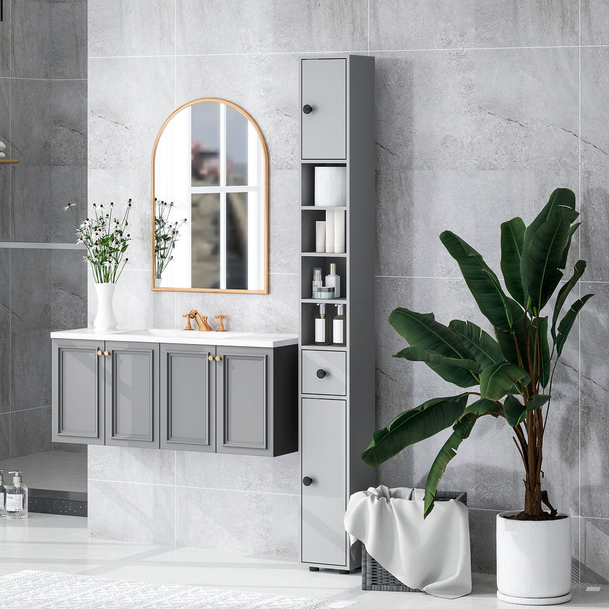 71" Tall Bathroom Cabinet, Narrow Toilet Paper Cabinet with Open Shelves, 2 Door Cabinets, Adjustable Shelves, Black