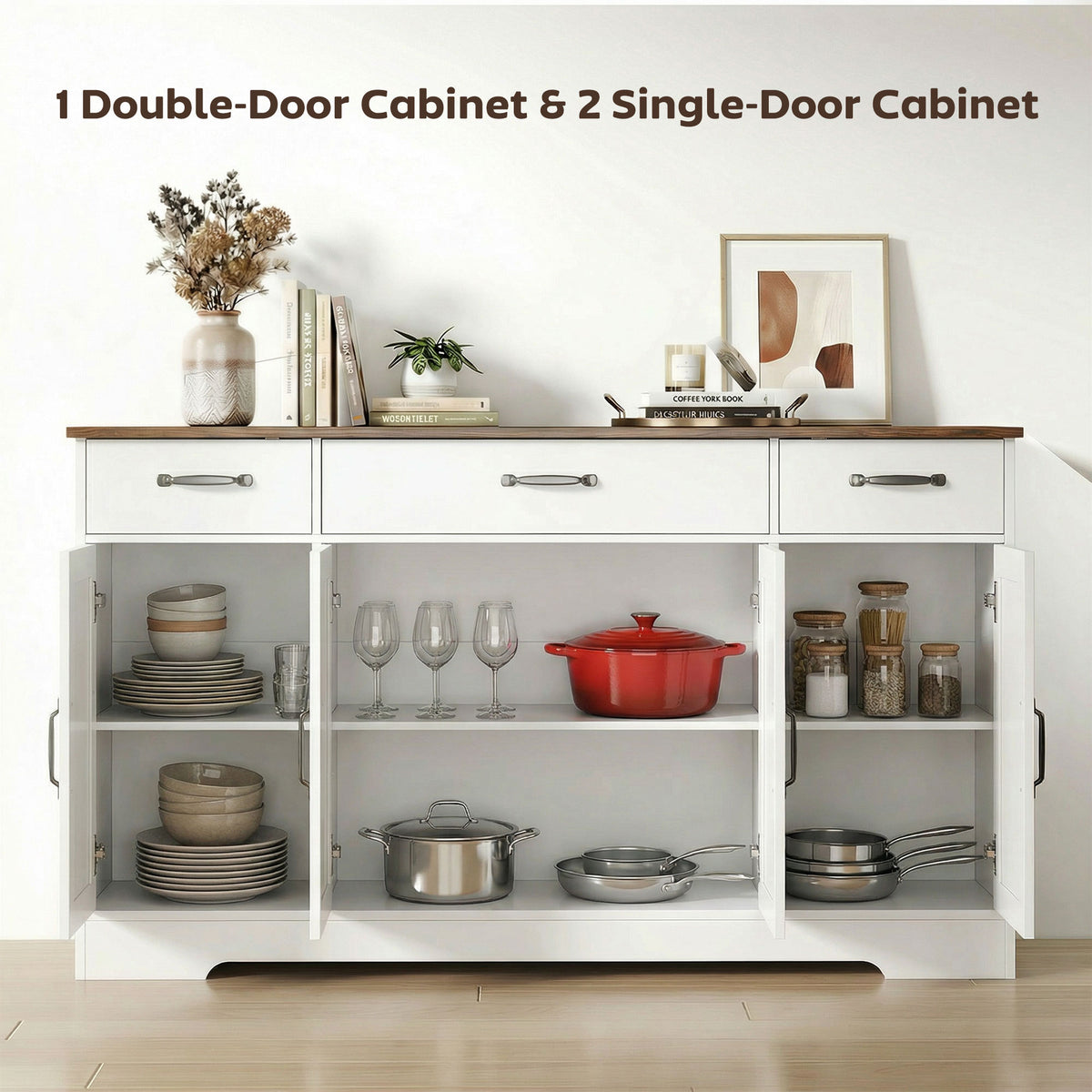 Sideboard Buffet Cabinet, 55" Farmhouse Kitchen Cabinet with 4 Barn Doors, 3 Drawers, 3 Adjustable Shelves – view 10