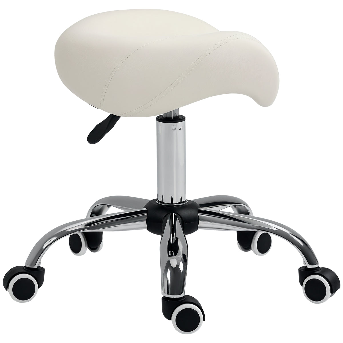 Ergonomic Saddle Stool with Wheels, Adjustable PU Leather Saddle Chair, 360° Swivel, No Back Pain, Healthy Posture, Salon Chair for Massage Medical Home, Cream White