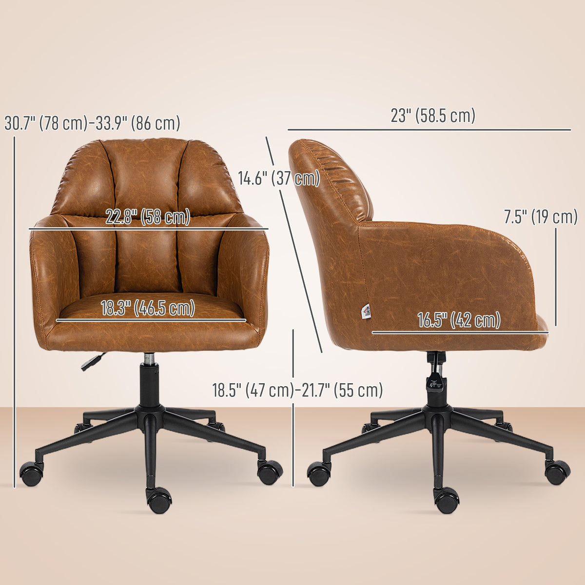 Swivel Office Chair, Faux Leather Desk Chair with Adjustable Height for Living Room, Bedroom, Study, Brown