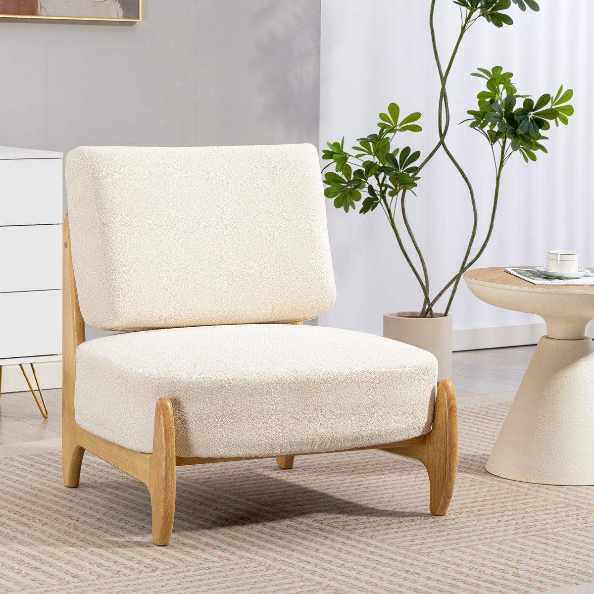 Accent Chair with Rubber Wood Frame, Wide Seat, Modern Chenille Bedroom Chair with Thick Cushion, Cream White