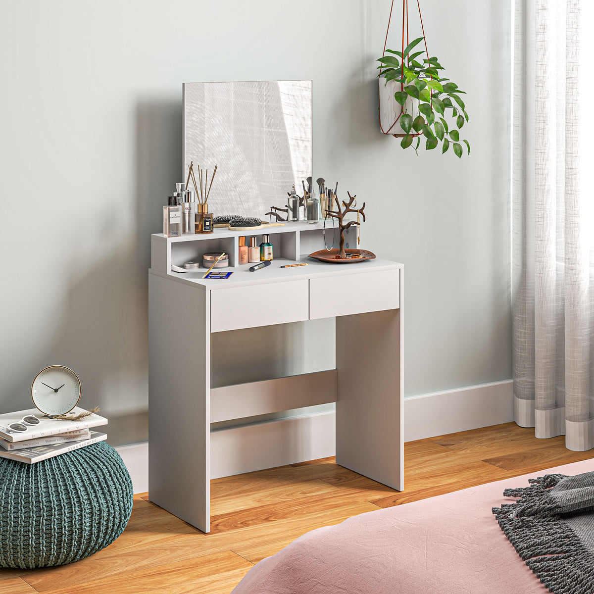 Makeup Vanity Desk with Mirror, for Bedroom, Modern Dressing Table with Drawers, Compartments, White