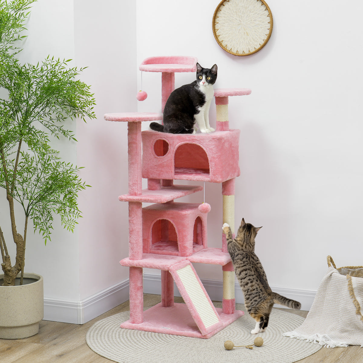 54" Cat Tree, Multi-Level Cat Tower with Scratching Posts, Cat Condos, Bed, Platforms, Ramp, Toy Ball, Beige – view 49
