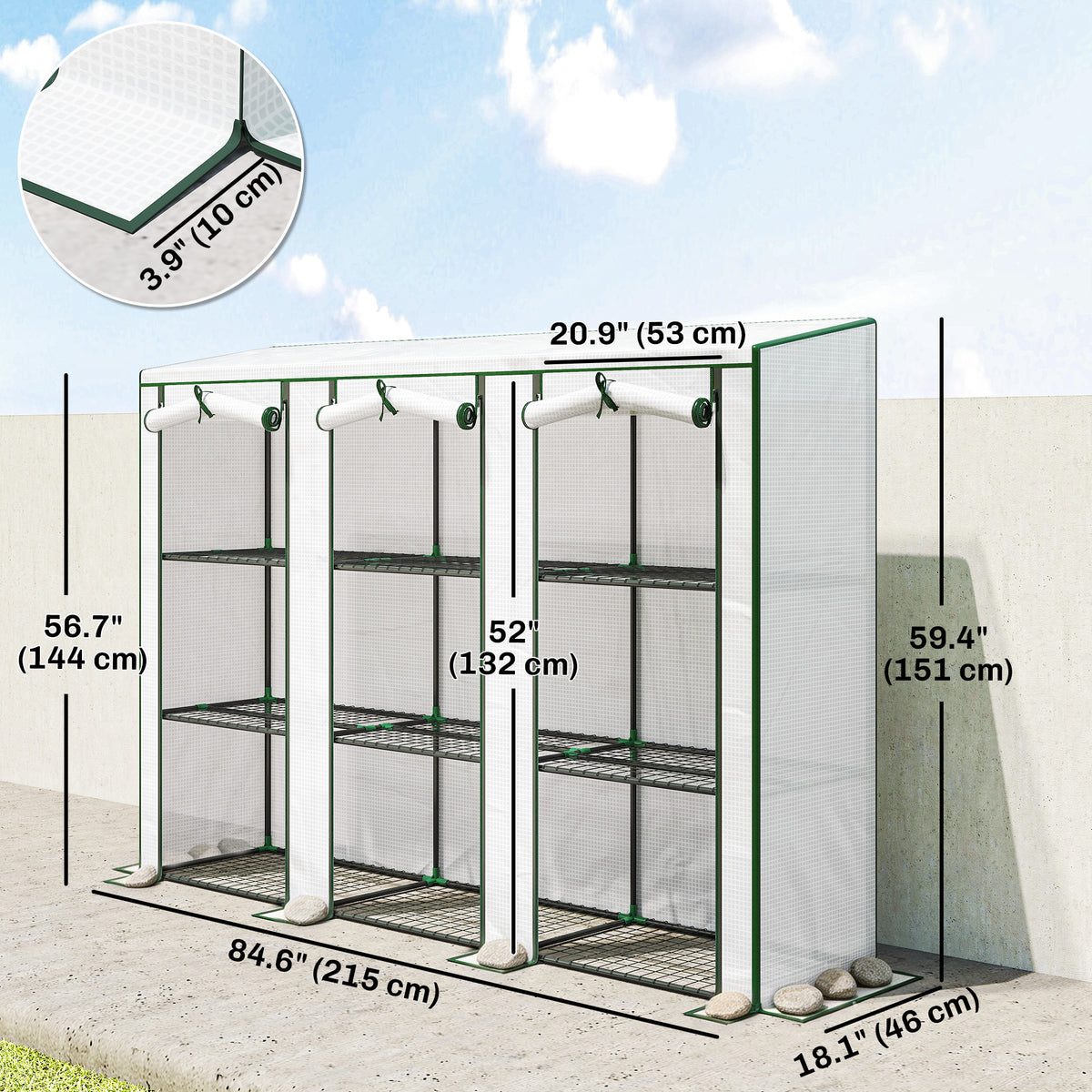 Lean-to Greenhouse with 3 Tier Shelves, Mini Greenhouse with 3 Roll-Up Doors for Indoor Outdoor, Green – view 9