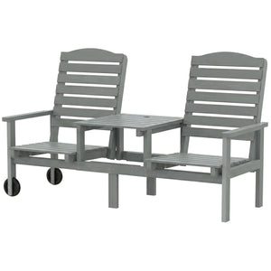 Outdoor Bench with Wheels and 3-Position Adjustable High Back, 2 Seater Outdoor Loveseat with Umbrella Hole, Grey