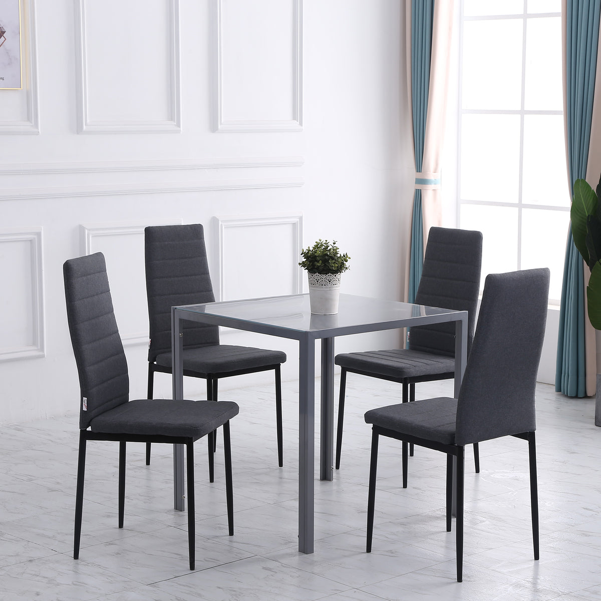 Modern Dining Chairs Set of 4, Upholstered Linen Fabric Kitchen Chairs with Channel Tufting and Metal Legs for Living Room, Dining Room, Bedroom, Grey