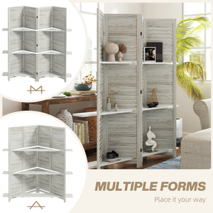4-Panel Wall Partition Room Separator with 3 Storage Shelves Foldable Design Wooden Frame 5.6FT Distressed White