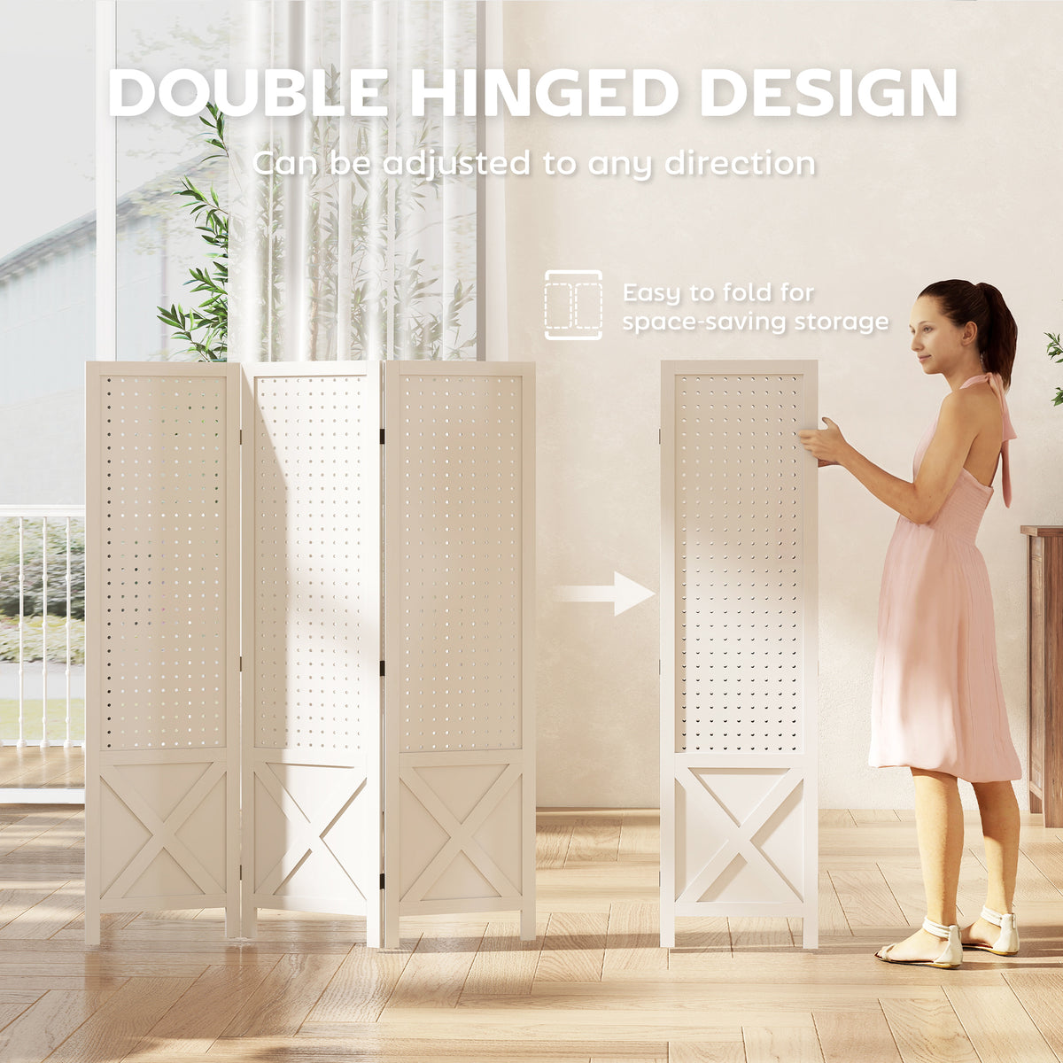 4.7' 3 Panel Wooden Room Divider with Pegboard Display, Folding Privacy Screen for Home Office, Natural – view 12