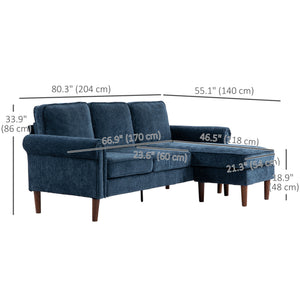 L Shape Sofa, Modern Sectional Couch with Changeable Chaise Lounge, Wooden Legs, Corner Sofa for Living Room, Dark Blue