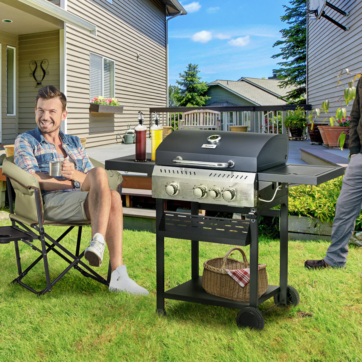 40,000 BTU Propane Gas Grill BBQ Cart with 4 Main Burners, 1 Side Burner, with Warming Rack – view 14