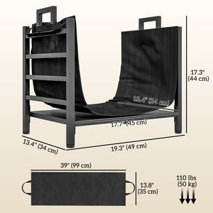 Outdoor Firewood Rack with Log Carrier, Heavy Duty Steel Wood Log Storage Stacker for Fireplace, Black