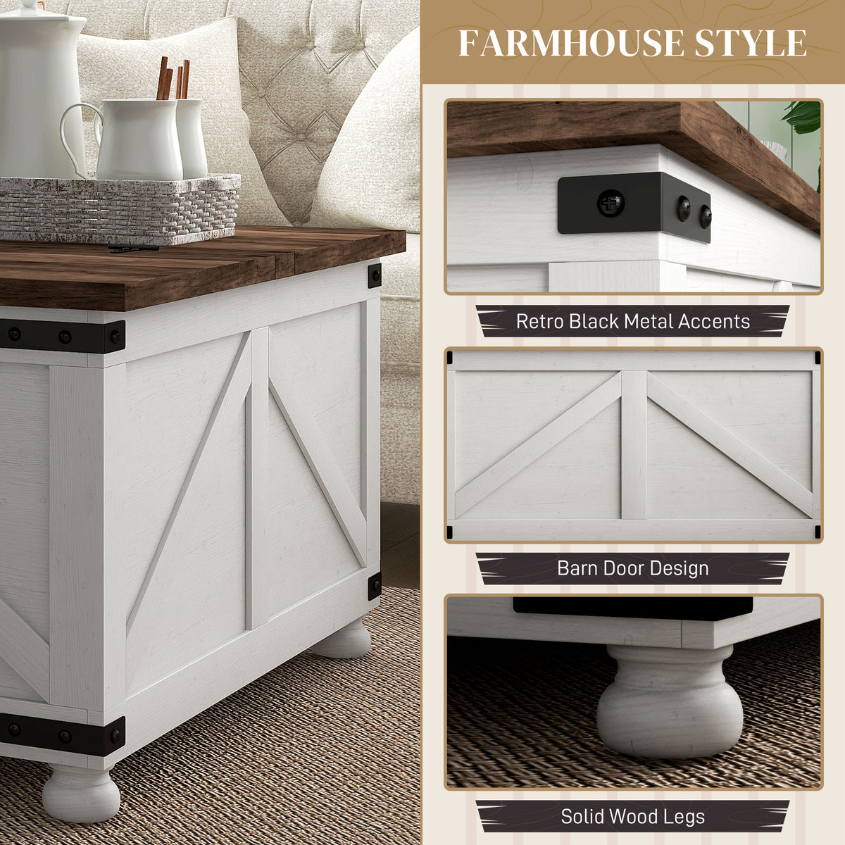 Coffee Table with Lift Top, 32" Farmhouse Center Table with Hidden Compartment for Living Room, Antique White